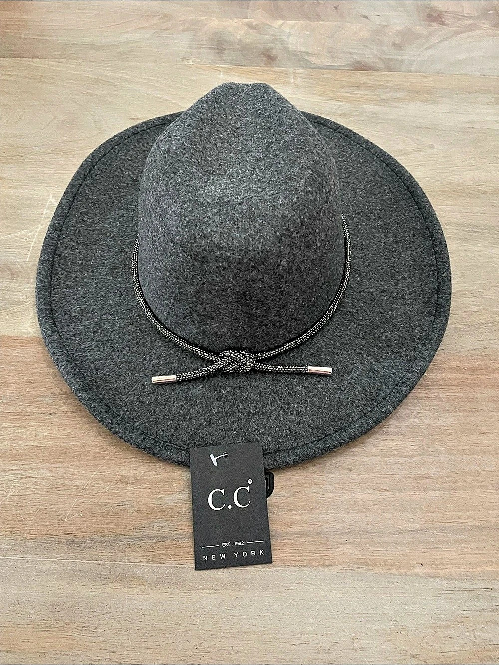 C.C Cowboy Vegan Felt Hat with Rhinestone String Trim Band Gray Wide Brim